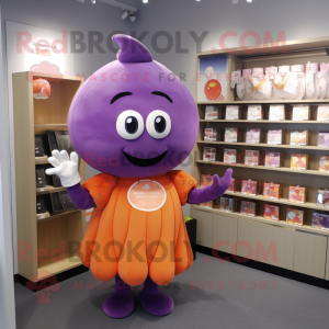 Purple Apricot mascot costume character dressed with a Midi Dress and Keychains