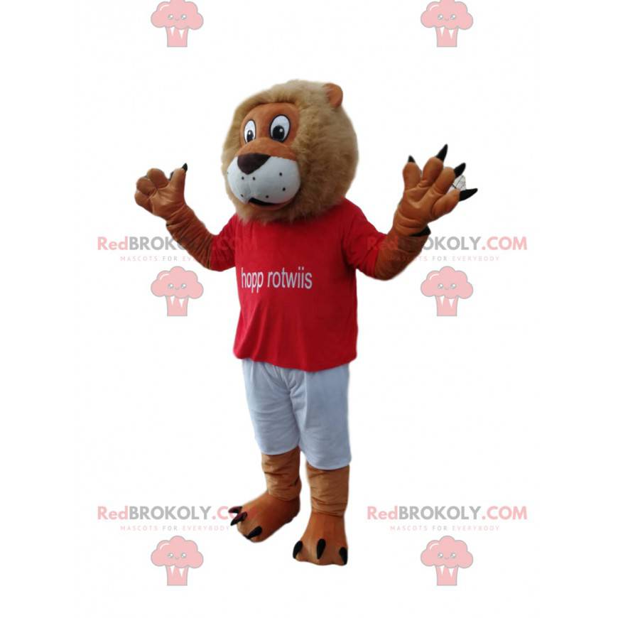 Mascotte de lion amusant avec un maillot de supporter rouge -