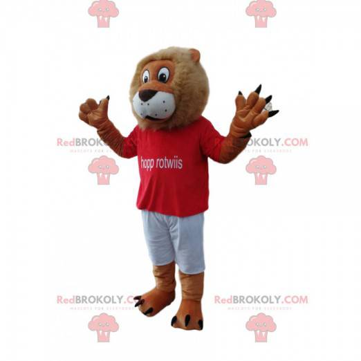 Rolig lejonmaskot med en röd supporterströja - Redbrokoly.com