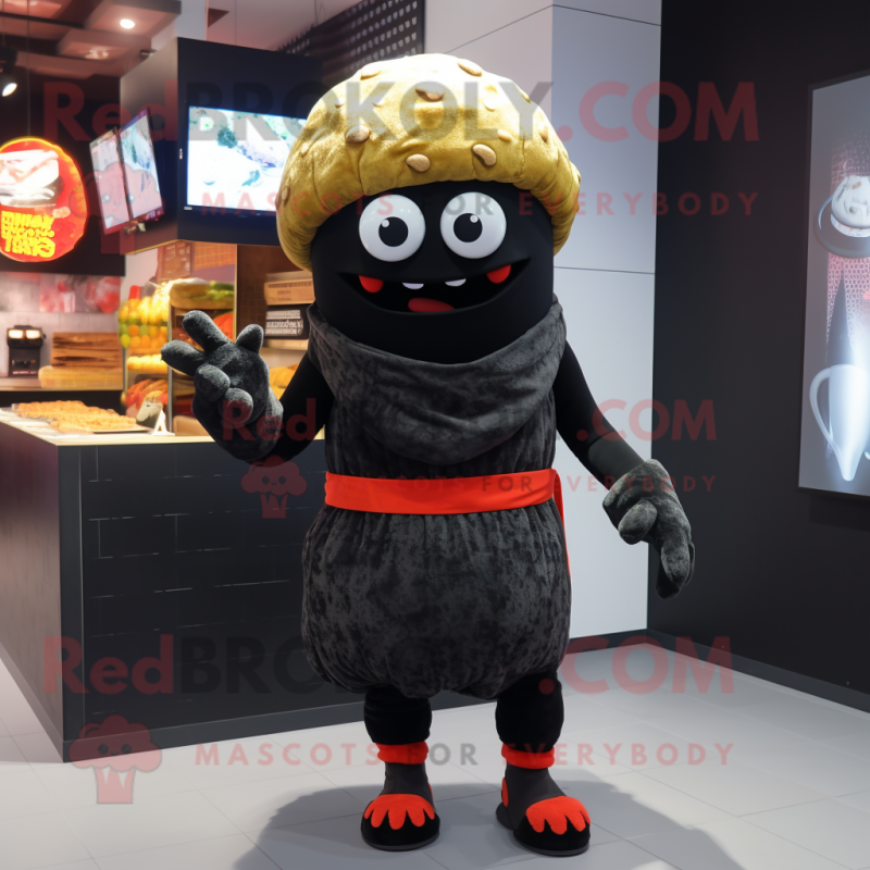 Black Burgers mascot costume character dressed with a Turtleneck and Scarves Black Burgers mascot costume character dressed with a Turtleneck and Scarves