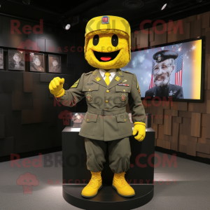 Yellow American Soldier mascot costume character dressed with a Suit and Hair clips