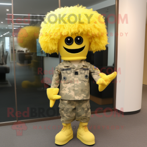 Yellow American Soldier mascot costume character dressed with a Suit and Hair clips