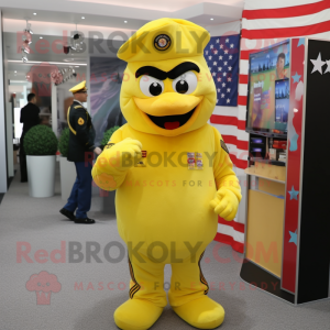 Yellow American Soldier mascot costume character dressed with a Suit and Hair clips