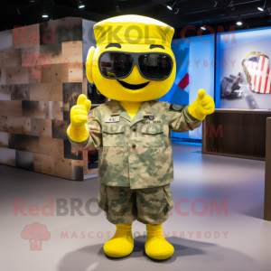Yellow American Soldier mascot costume character dressed with a Suit and Hair clips