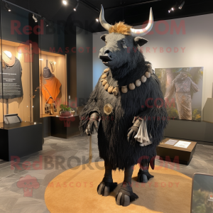 Black Woolly Rhinoceros mascot costume character dressed with a Sheath Dress and Brooches