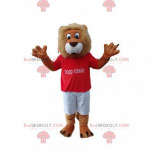 Divertida mascota león con una camiseta roja de partidario -