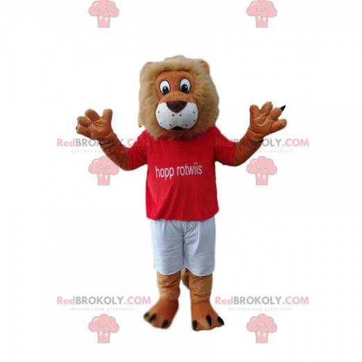 Mascotte de lion amusant avec un maillot de supporter rouge -