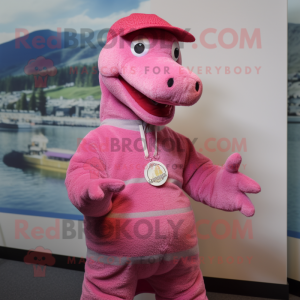 Pink Loch Ness Monster mascot costume character dressed with a Cardigan and Caps