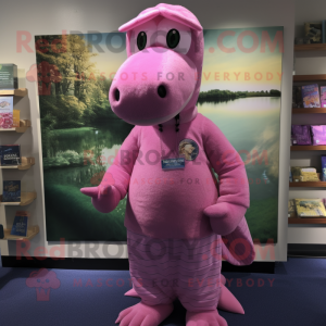 Pink Loch Ness Monster mascot costume character dressed with a Cardigan and Caps