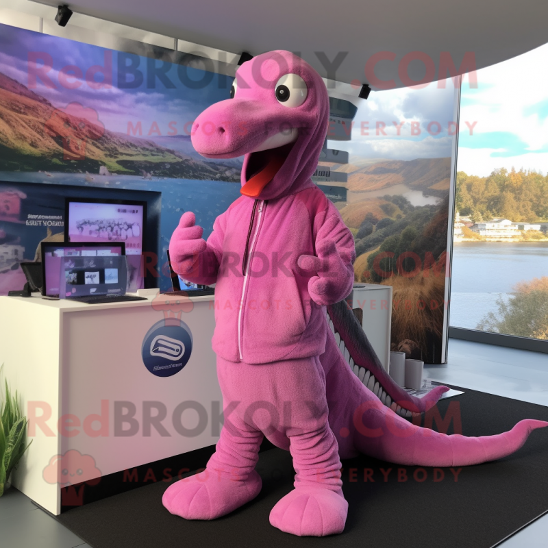 Pink Loch Ness Monster mascot costume character dressed with a Cardigan and Caps Pink Loch Ness Monster mascot costume character dressed with a Cardigan and Caps