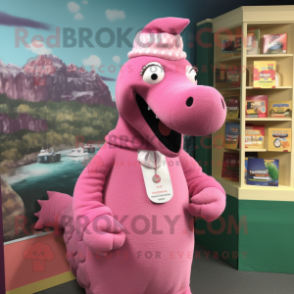 Pink Loch Ness Monster mascot costume character dressed with a Cardigan and Caps