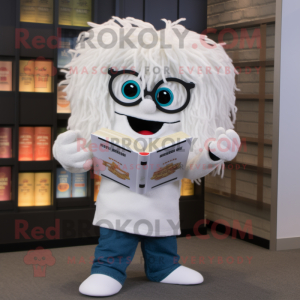 White Ramen mascot costume character dressed with a Bootcut Jeans and Reading glasses