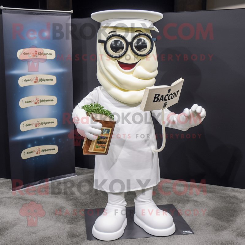 White Ramen mascot costume character dressed with a Bootcut Jeans and Reading glasses