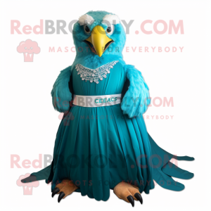 Cyan Haast'S Eagle mascot costume character dressed with a Ball Gown and Belts