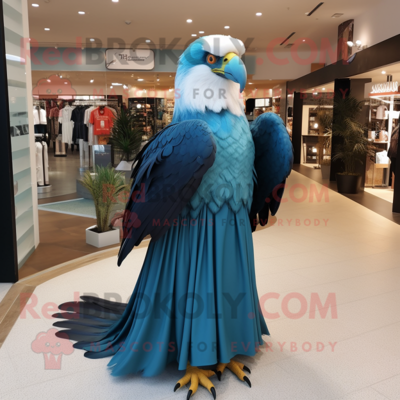 Cyan Haast'S Eagle mascot costume character dressed with a Ball Gown and Belts