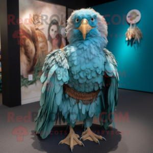 Cyan Haast'S Eagle mascot costume character dressed with a Ball Gown and Belts
