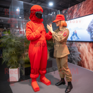 Red Air Force Soldier mascot costume character dressed with a Maxi Dress and Berets