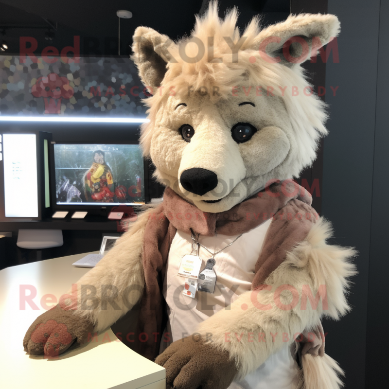 Beige Hyena mascot costume character dressed with a Hoodie and Hair clips