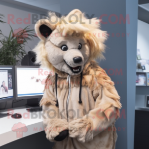 Beige Hyena mascot costume character dressed with a Hoodie and Hair clips