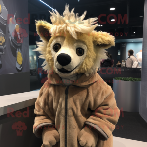 Beige Hyena mascot costume character dressed with a Hoodie and Hair clips