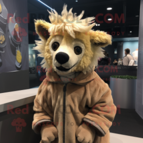 Beige Hyena mascot costume character dressed with a Hoodie and Hair clips