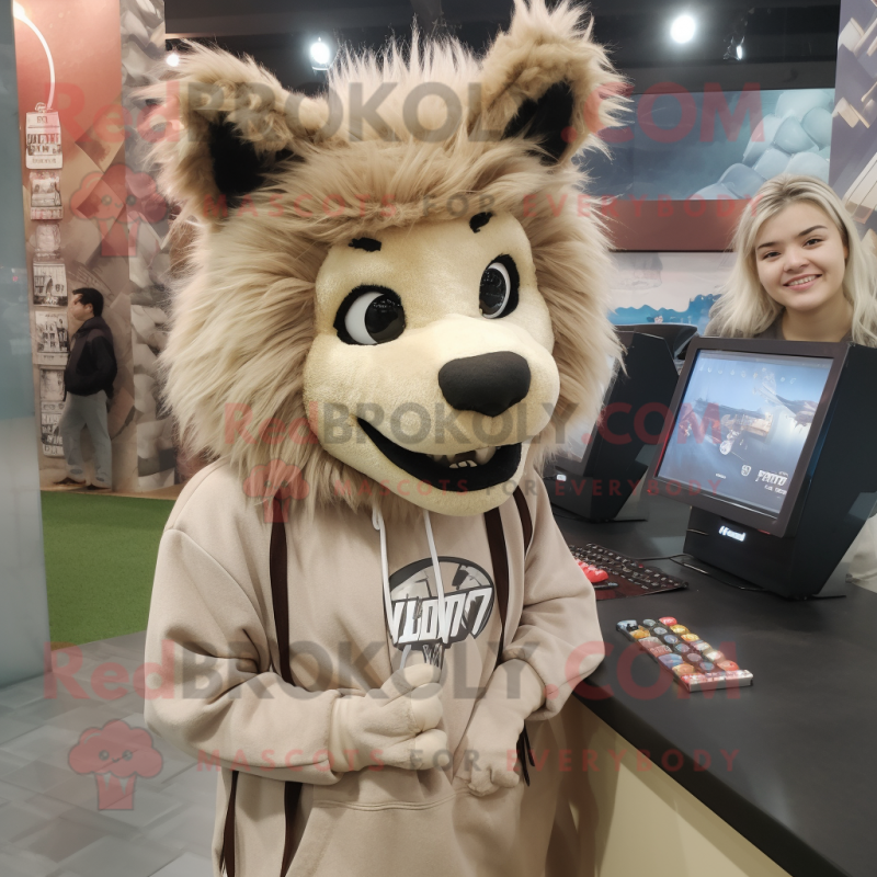 Beige Hyena mascot costume character dressed with a Hoodie and Hair clips Beige Hyena mascot costume character dressed with a Hoodie and Hair clips