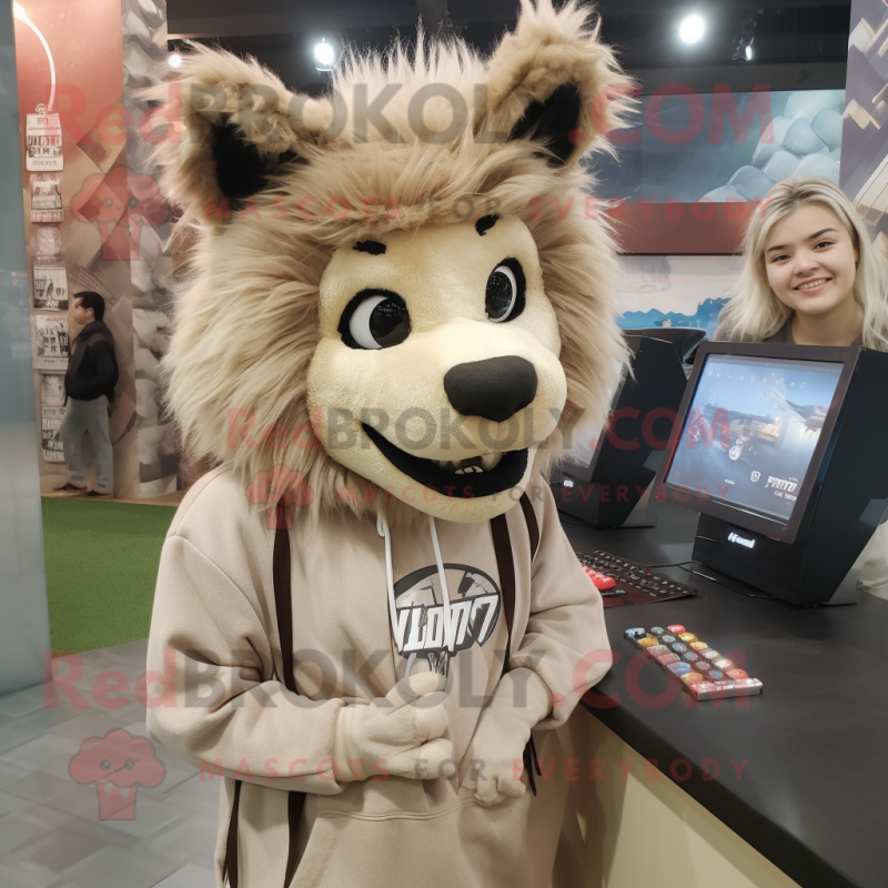 Beige Hyena mascot costume character dressed with a Hoodie and Hair clips