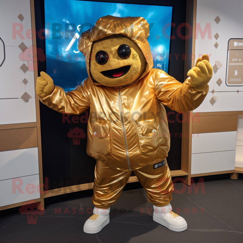 Gold Goulash mascot costume character dressed with a Bomber Jacket and Wraps