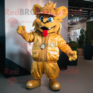 Gold Goulash mascot costume character dressed with a Bomber Jacket and Wraps