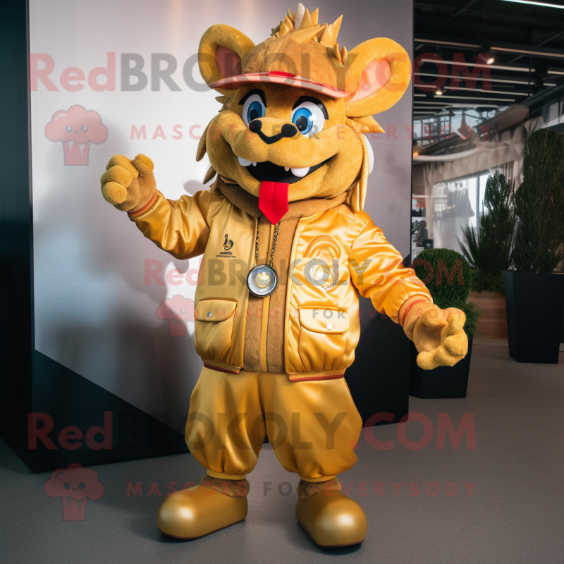 Gold Goulash mascot costume character dressed with a Bomber Jacket and Wraps Gold Goulash mascot costume character dressed with a Bomber Jacket and Wraps