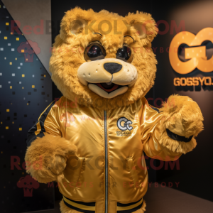 Gold Goulash mascot costume character dressed with a Bomber Jacket and Wraps