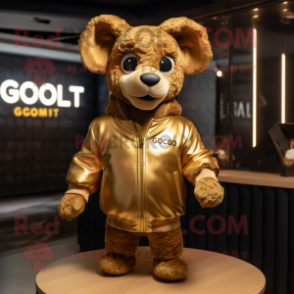 Gold Goulash mascot costume character dressed with a Bomber Jacket and Wraps