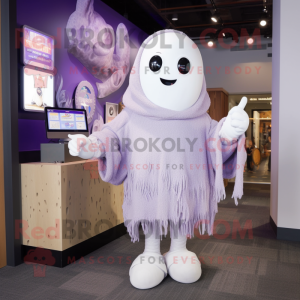 Lavender Ghost mascot costume character dressed with a Sweater and Coin purses