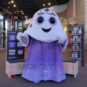 Lavender Ghost mascot costume character dressed with a Sweater and Coin purses