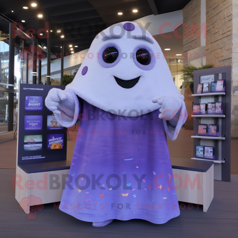 Lavender Ghost mascot costume character dressed with a Sweater and Coin purses Lavender Ghost mascot costume character dressed with a Sweater and Coin purses