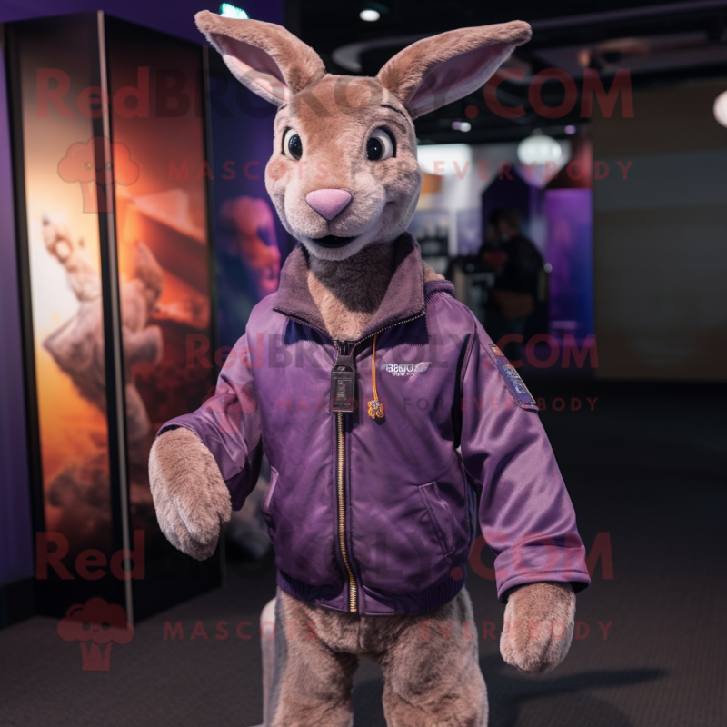 Purple Kangaroo mascot costume character dressed with a Bomber Jacket and Shawls Purple Kangaroo mascot costume character dressed with a Bomber Jacket and Shawls