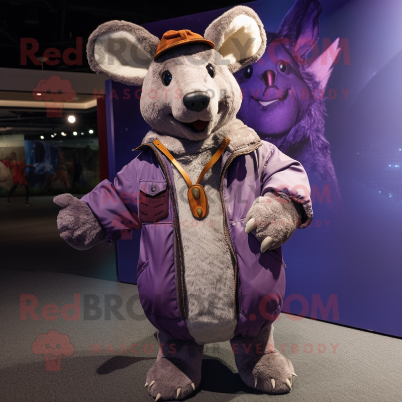 Purple Kangaroo mascot costume character dressed with a Bomber Jacket and Shawls