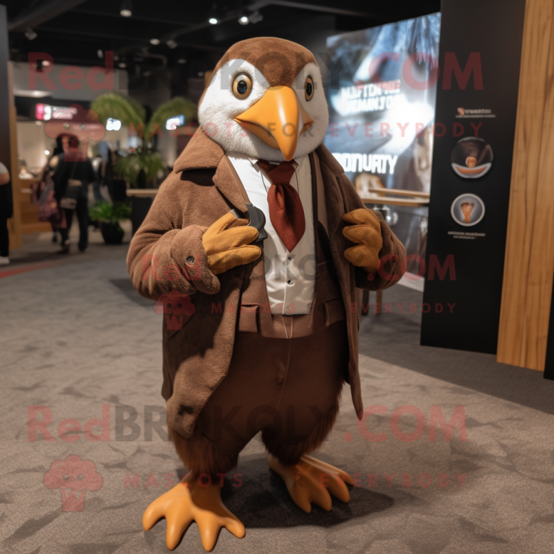 Brown Penguin mascot costume character dressed with a Suit Jacket and Earrings