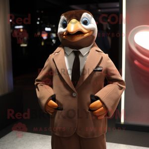 Brown Penguin mascot costume character dressed with a Suit Jacket and Earrings