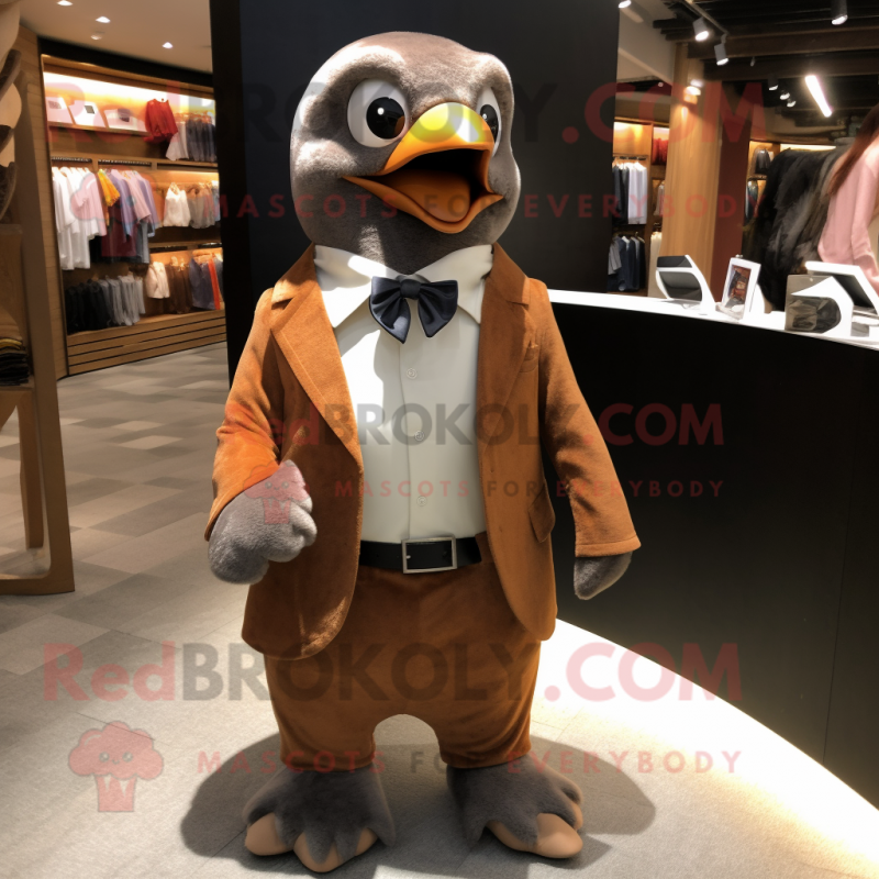 Brown Penguin mascot costume character dressed with a Suit Jacket and Earrings