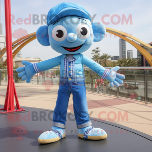 Sky Blue Tightrope Walker mascot costume character dressed with a Boyfriend Jeans and Foot pads