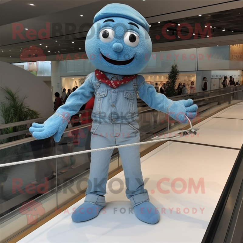 Sky Blue Tightrope Walker mascot costume character dressed with a Boyfriend Jeans and Foot pads