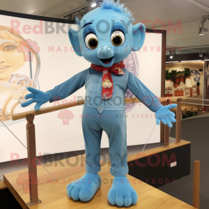 Sky Blue Tightrope Walker mascot costume character dressed with a Boyfriend Jeans and Foot pads