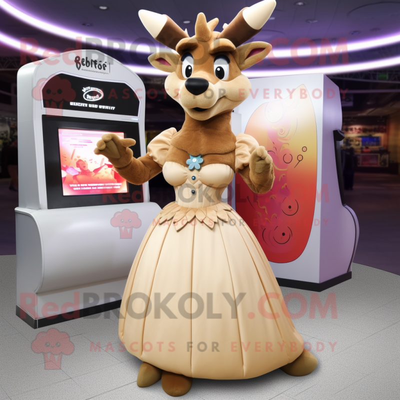 Tan Deer mascot costume character dressed with a Ball Gown and Gloves