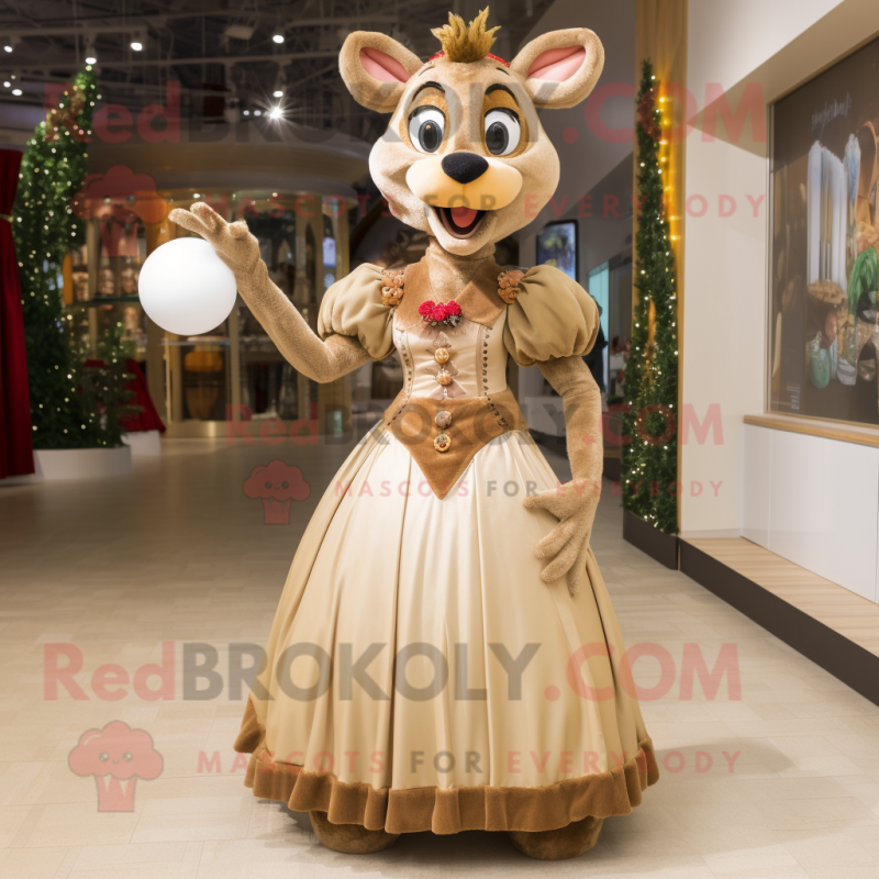 Tan Deer mascot costume character dressed with a Ball Gown and Gloves