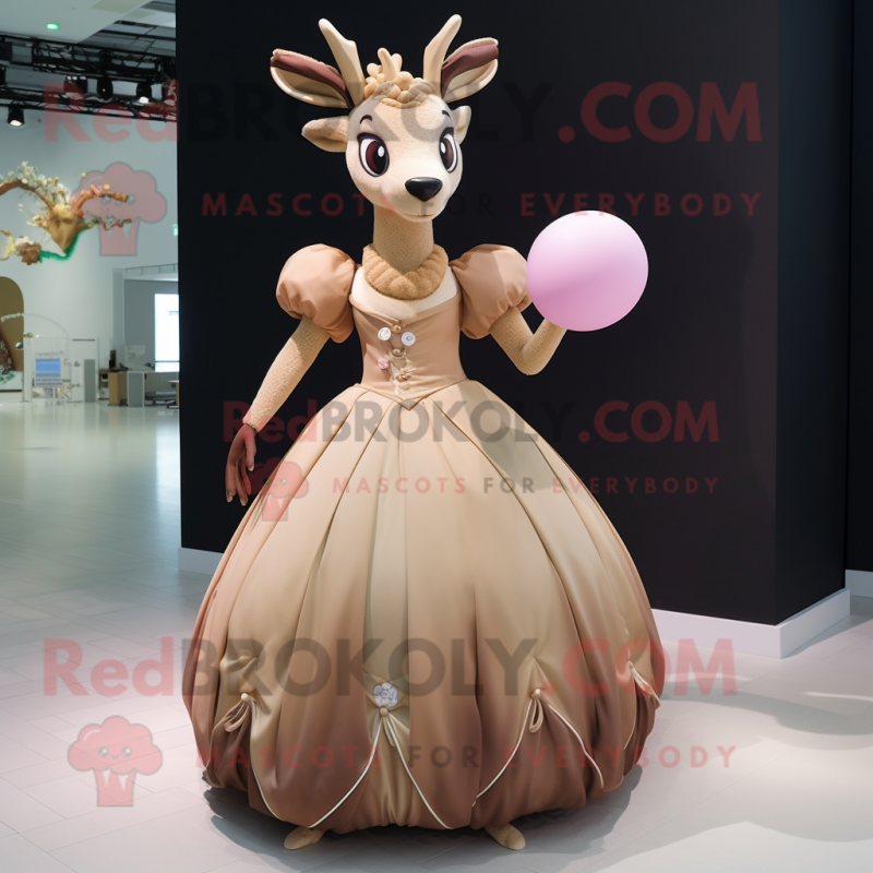 Tan Deer mascot costume character dressed with a Ball Gown and Gloves