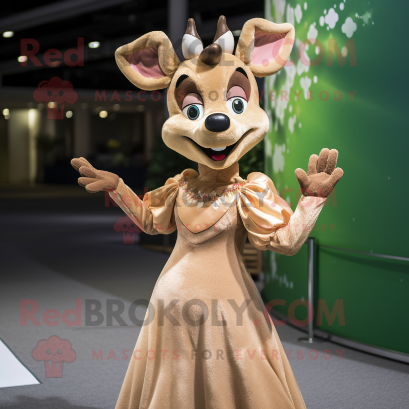 Tan Deer mascot costume character dressed with a Ball Gown and Gloves Tan Deer mascot costume character dressed with a Ball Gown and Gloves