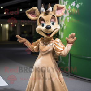 Tan Deer mascot costume character dressed with a Ball Gown and Gloves