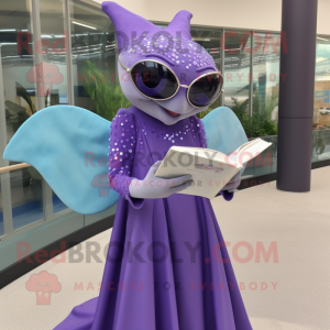 Lavender Stingray mascot costume character dressed with a Evening Gown and Reading glasses