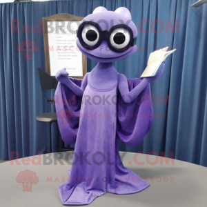 Lavender Stingray mascot costume character dressed with a Evening Gown and Reading glasses